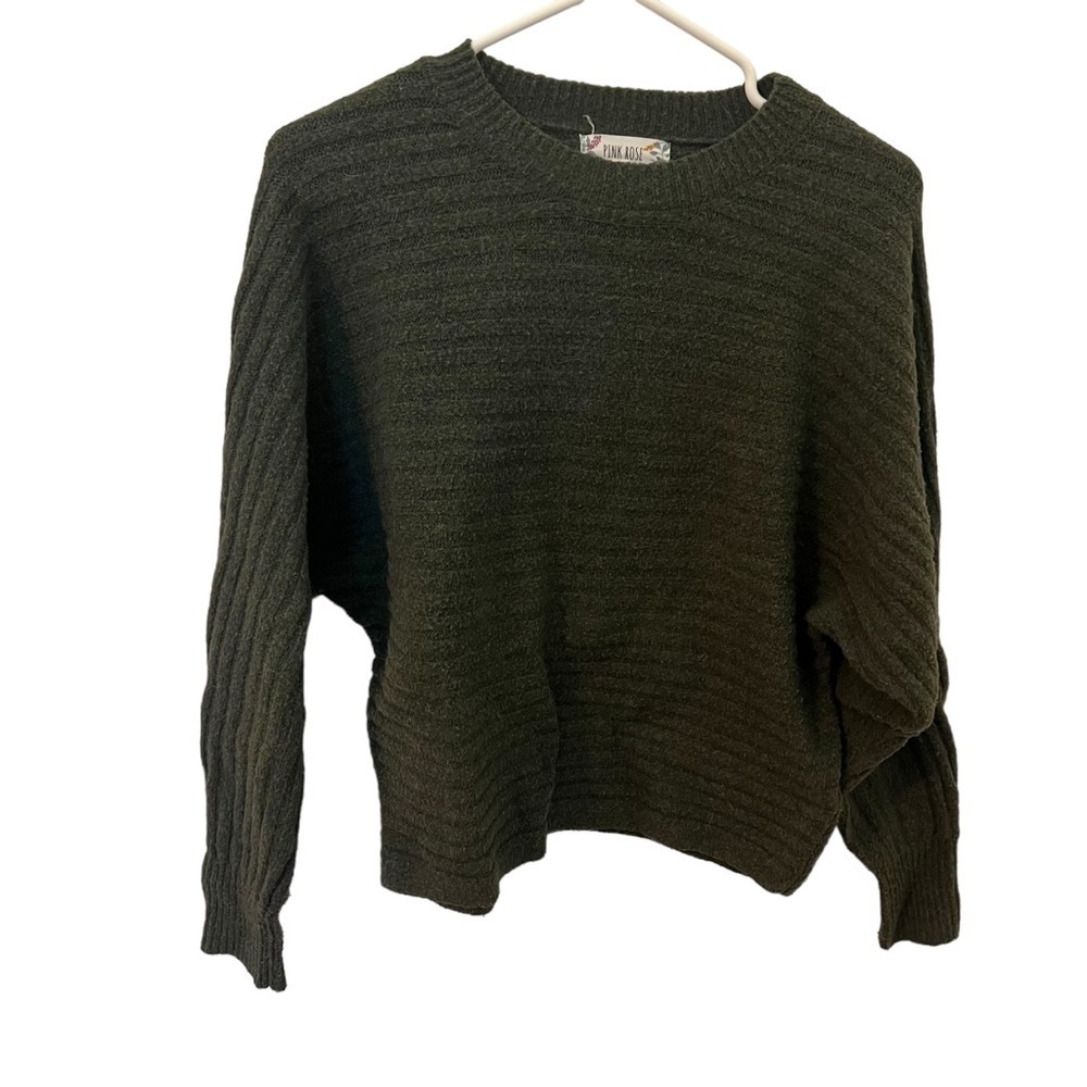Pink Rose Women's Size Medium Dolman Sleeve Sweater Dark Olive Green Textured‎